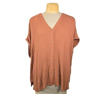 Orvis Button Front Top Women 3X Rust Terracotta Crinkle Blouse Lagenlook Boho